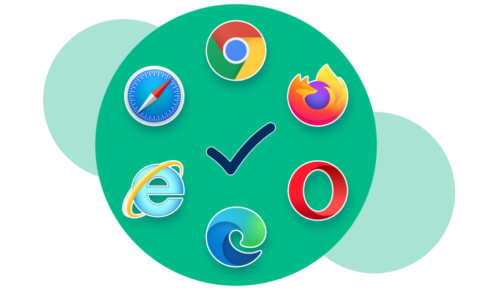 Circular arranged icons of browsers: Chrome, Firefox, Opera, Edge, Internet Explorer and Safari